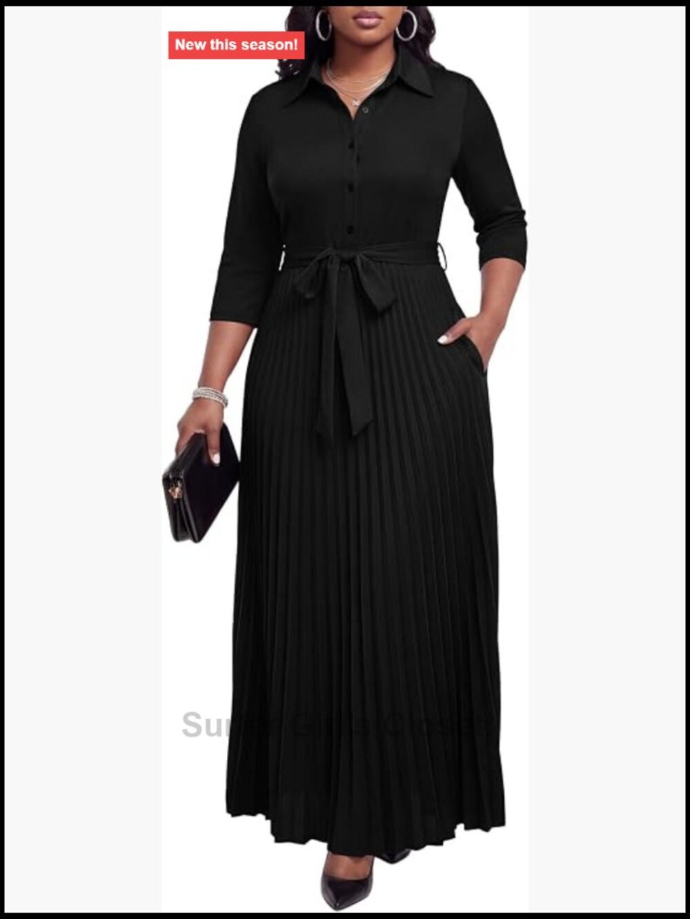 Maxi Dress 3/4 Sleeve Button Down Pleated Work Church Dress with Pockets